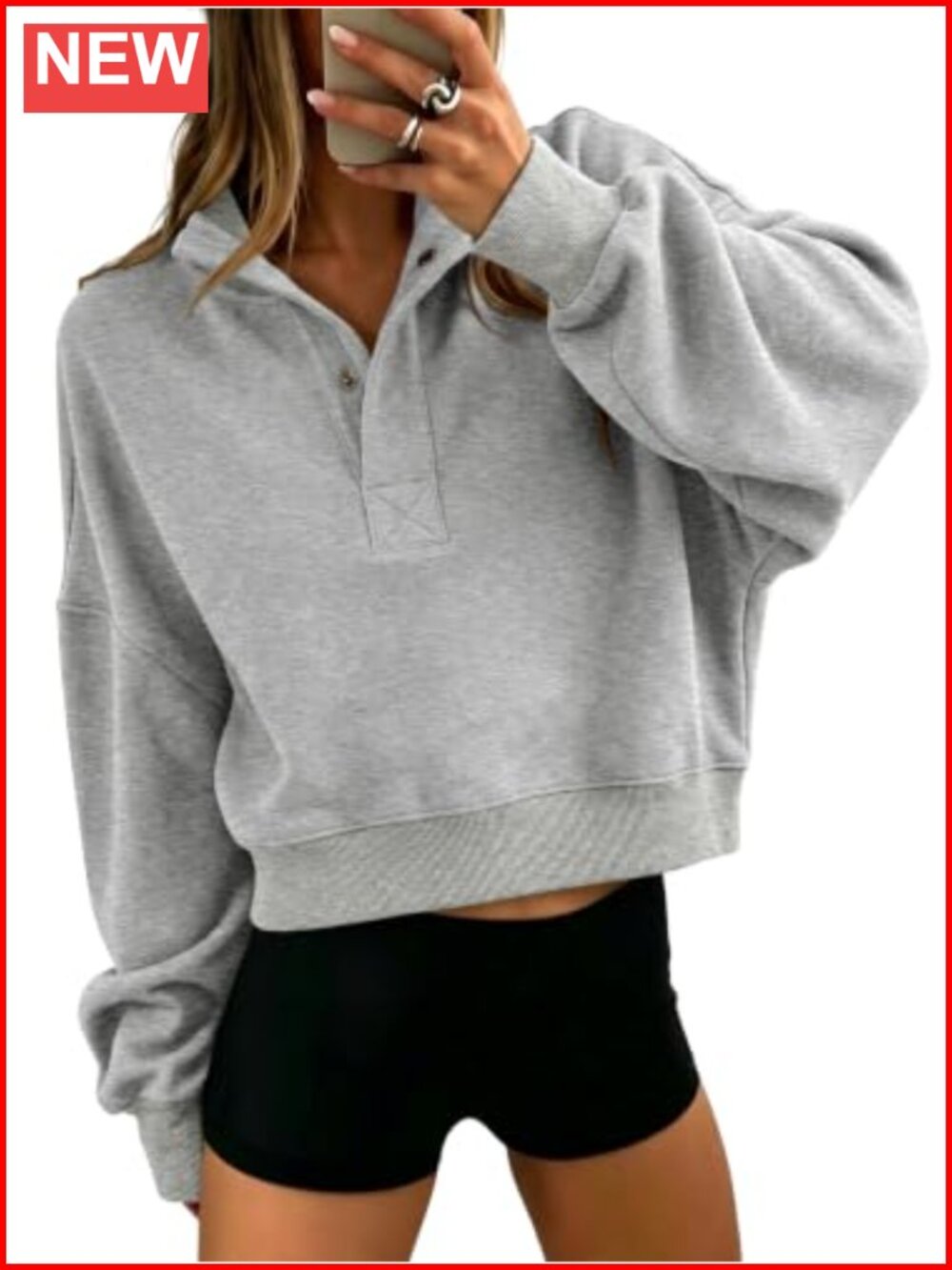 Oversized Cropped Sweatshirt Button Henley Neck Long Sleeve Pullover